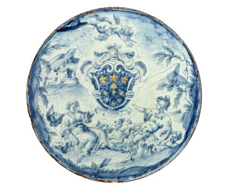 18th century Savona marked Valente decorated with two figures holding a coat of arms depicting 3 French lilies a sun and 6 st