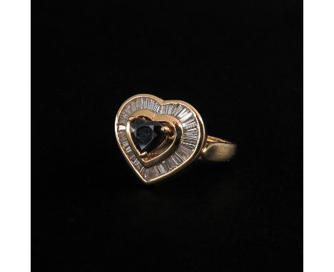 Set with sapphire and baguette-cut diamonds in the shape of a heart ring size 16