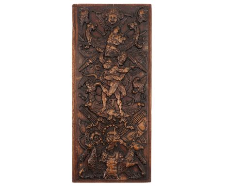 18th century depicting the wrestling Hercules and Antaeus surrounded by allegorical animals and figures and symbols of battle