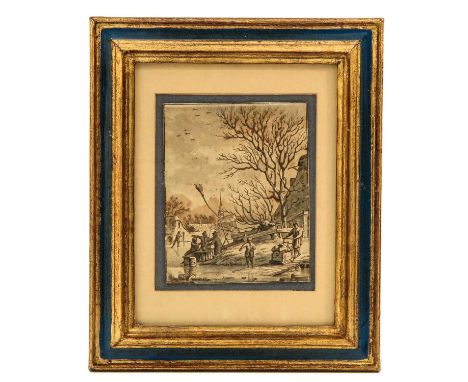 Jacob Cats ( 1741 - 1799 ) depicting a winter landscape with skating and talking figures on a frozen river 14 x 11 cm.