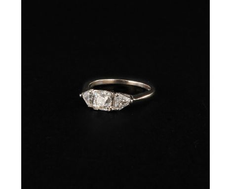 Art Deco 14KG set with 3 diamonds including two trilliant cut diamonds ring size 16