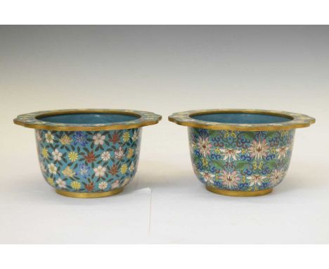 Two Chinese cloisonne enamel jardinieres, each typically decorated with stylised floral motifs on a turquoise ground, 21cm x 