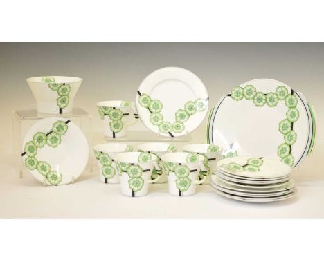 Royal Albert Art Deco 'Belmont' pattern six person tea set comprising; six cups, six saucers, six side plates and sugar bowl 