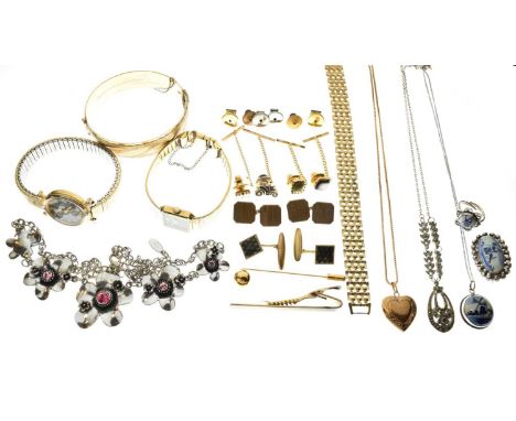 Assorted costume jewellery including rolled gold bangle, cufflinks, shirt studs, pocket watch, two Accurist wristwatches, etc