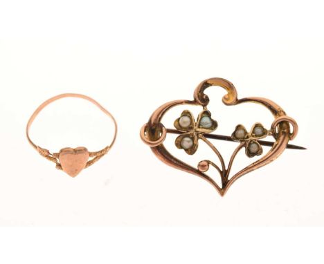 Three stick pins, a split pearl brooch, and heart motif ring, stamped '9ct', 6g gross approx