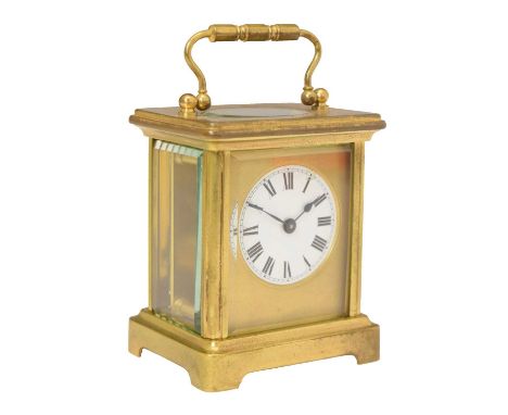 French gilt cased carriage timepiece, white enamel Roman dial with blued steel spade hands, 8cm x 9.5cm (ex.handle)