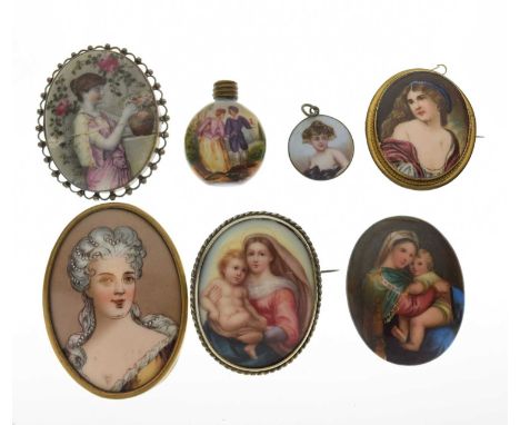 Group of KPM Berlin type ceramic panels, including Madonna della Sedia after Raphael, two with brooch mounts, together with a