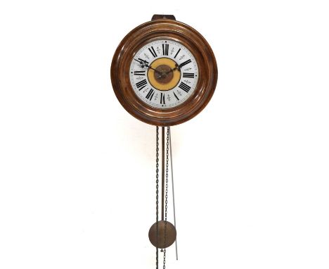Postman's alarm-type weight-driven wall clock, with Roman chapter ring, 26.5cm diameter, with pendulum 