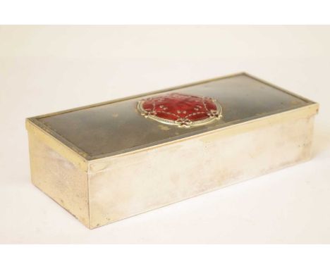 Wills silver plated box, the hinged lid with enamel decoration, 18.5cm wide