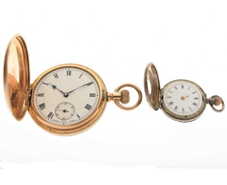 Gold-plated full hunter pocket watch, having a white enamel dial, seconds subsidiary and blued steel spade hands, 15 Jewels S