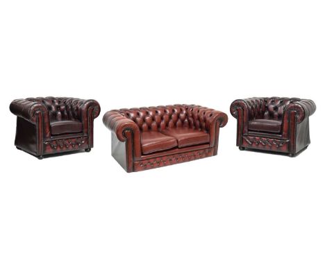 Thomas Lloyd wine Chesterfield two seater sofa, 102cm (seats widest point) x 64cm high, together with two armchairs (3)