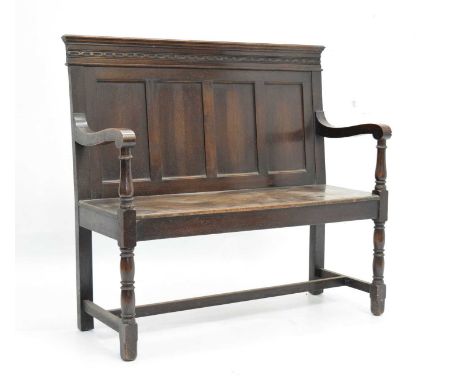 Stained oak four panel back hall bench, 110cm x 43cm x 100cm high 