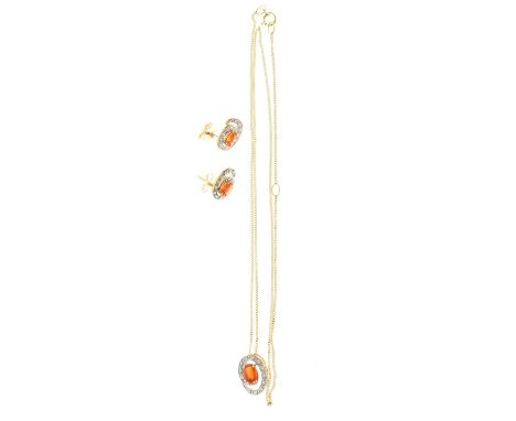 9ct gold fire opal and diamond pendant, on a fine chain with matching stud earrings, 1.6g gross approx