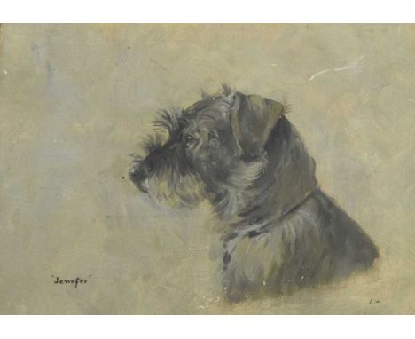 Early 20th Century English School - Oil on canvas board - 'Jenifer', portrait of a terrier, signed with initial A.W., Venable