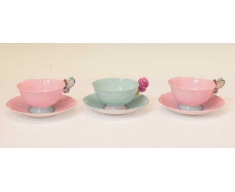 Set of three Paragon butterfly and flower handled cups and saucers, printed and painted marks