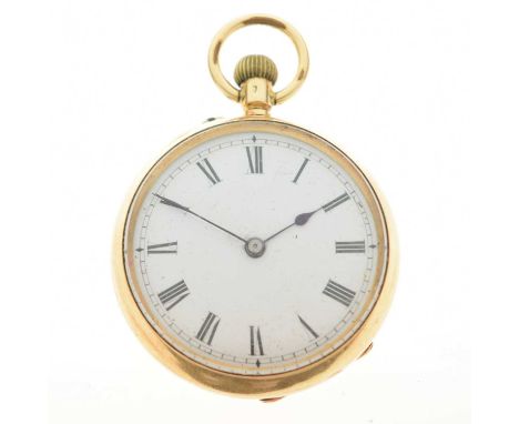 18ct yellow metal open face fob watch, having a white enamel Roman dial with blued steel spade hands, monogrammed case back, 