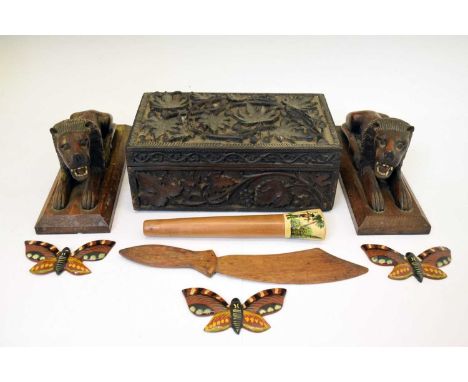 Group of treen and other wooden items to include; table top wooden box with carved leaf and berry decoration, 24.5cm x 15cm x