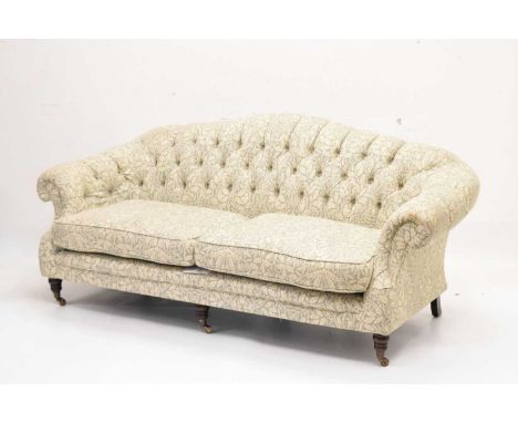 Reproduction button-back three-seater sofa upholstered in William Morris Acorn pattern fabric, 153cm (seats widest point) x 8