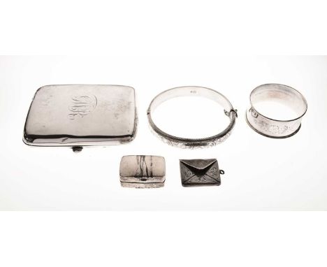 George V silver cigarette case, Birmingham 1918, together with a silver napkin ring, bangle, stamp case and pill box, 97g app