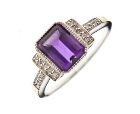 9ct white gold, step-cut amethyst and diamond cluster ring, size P approx, 2.9g gross approx