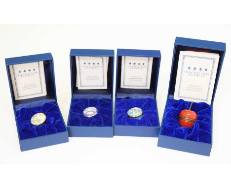 Four cased Halcyon Days enamel boxes comprising; cherry and years boxes for 1999, 2000 and 2001 (4)