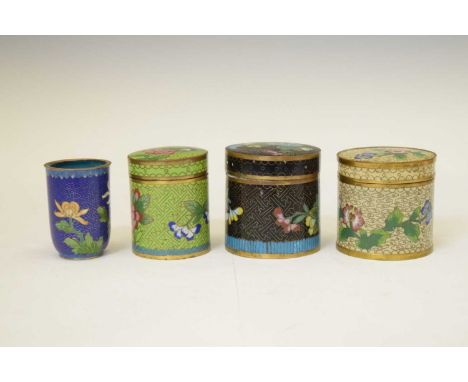 Three Chinese cloisonne enamel covered jars, each typically decorated with floral sprays on a geometric ground, and a similar