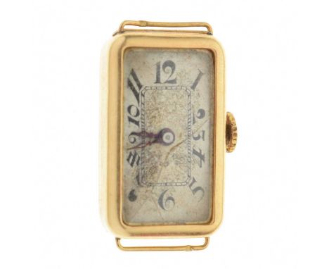 Circa 1920s 18ct gold cased watch head, having a silvered Arabic dial with blued steel hands, manual wind movement, 24mm x 14