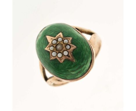 Green enamel and seed pearl dress ring, stamped '9ct', size H½ approx, 3.2g gross approx