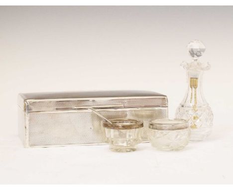 Silver tabletop box with engine-turned decoration, Birmingham 1927, and three cut glass condiments (4)