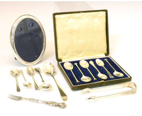 Sterling silver oval easel frame, import marks for Sheffield 1980, together with a quantity of teaspoons, etc., of six matche