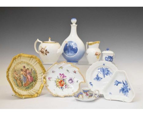 Small collection of Royal Copenhagen porcelain teawares, etc., printed and painted marks, Dresden leaf dish and an unmarked c