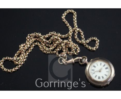 An early 20th century engine turned 14ct gold fob watch, with Roman dial, together with a 9ct gold belcher link chain, chain 