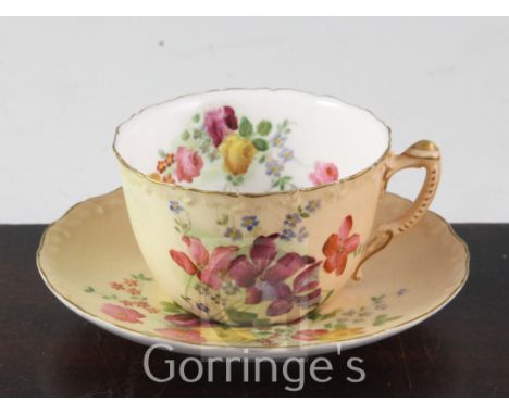 A Royal Worcester blush ground tea cup and saucer, painted with flowers and a collection of twelve various pieces of Royal Cr