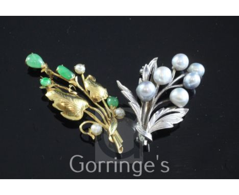 A gold, chrysophase, jade and cultured pearl spray brooch and a silver spray brooch, 2.25in & 1.75in respectively.
