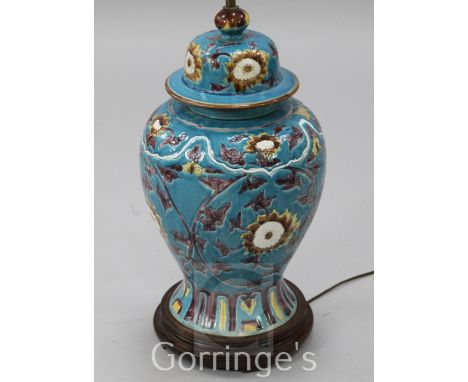 A Chinese fahua-decorated lamp base, 97cm to fitting, silk shade
