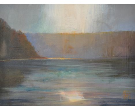 RICHARD LANNOWE HALL 
Dawn Fal River
Mixed media
Monogrammed
Artist's label to the back
25 x 34cm. 
