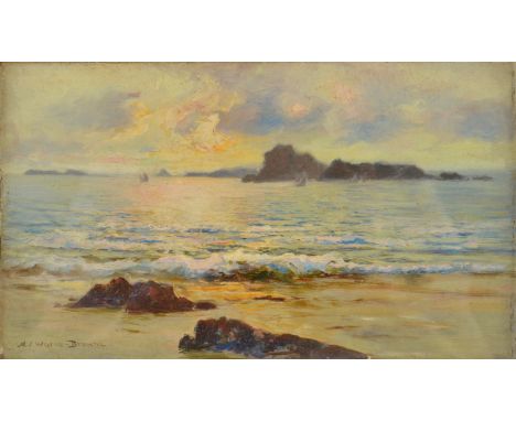 ALFRED J WARNE BROWNE
A View in Scilly Islands
Oil on panel
Signed 
Inscribed to the back 
12.5 x 21.5cm.   Condition report 