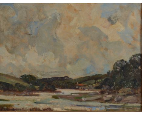FRANCIS RAYMOND SPENLOVE
Creek on the Tamar 
Oil on panel 
Initialled
Inscribed to the back 
24 x 32cm. 