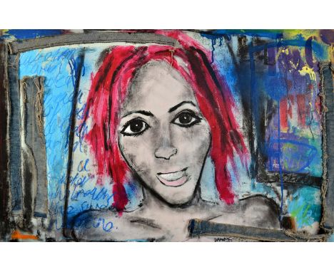 DANNY FOX
Pink Lucy 
Mixed media including denim
Signed and dated '07
51 x 91.5cm.
(See illustration) 
