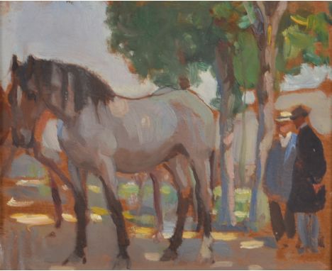 ALETHEA GARSTIN 
Parisian Horses
Oil on panel 
A further horse to the back
12.5 x 15cm.
Provenance: The Michael and Sonia Wil