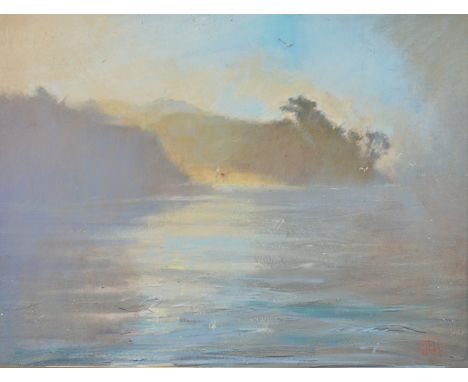 RICHARD LANNOWE HALL 
Early Light Clearing, Helford Estuary 
Mixed media
Monogrammed
Artist's label to the back
25 x 34cm. 