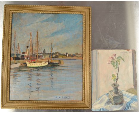 ALEC WILES
Crab Apple up the Lane
Oil on panel 
Signed and dated 2006
Together with a harbour scene oil by A M Cosse
