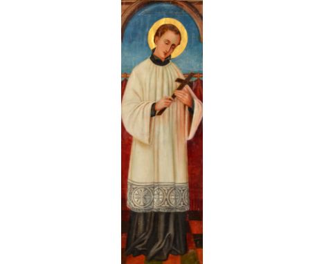 A full length portrait of a Saint holding a cross
Oil on canvas, laid down, with gold halo
81 x 26.5cm. 