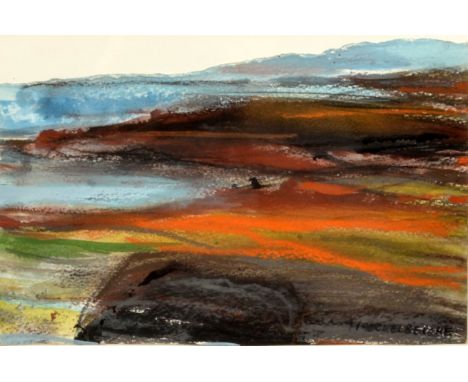 MARGO MAECKELBERGHE
North Moor 
Mixed media
Signed 
Further signed, inscribed and dated 2000 to the back
15 x 22.5cm. 
(See i