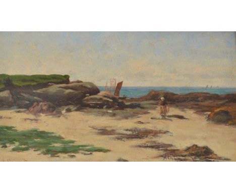 ALFRED CONQUEST
Figure on a rocky shore
Oil on panel
Signed 
12 x 20.5cm.