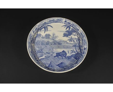 SPODE PEARLWARE 'INDIAN SPORTING' BOWL - DRIVING A BEAR a rare bowl circa 1810-20, a circular bowl with high sides, with a bl