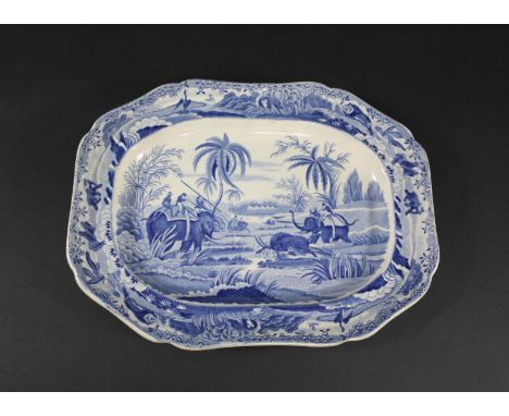 SPODE PEARLWARE 'INDIAN SPORTING' PLATTER - HUNTING A BUFFALO a rare platter with a blue and white transfer printed design of