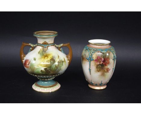 HADLEY'S WORCESTER VASE a globular vase painted with panels of flowers and foliage, with green barbed scrolls and pink rim an