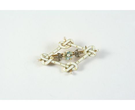 AN ENAMEL, DIAMOND AND PEARL BROOCH the central enamel flowerhead is set with a small pearl, with rose-cut diamond leaves wit