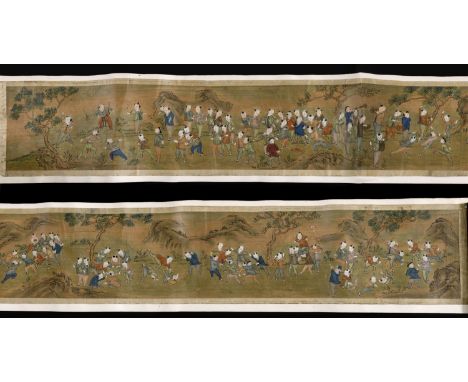 LARGE CHINESE PAINTED SCROLL late 19thc or early 20thc, a large horizontal scroll painted with various figures playing games 